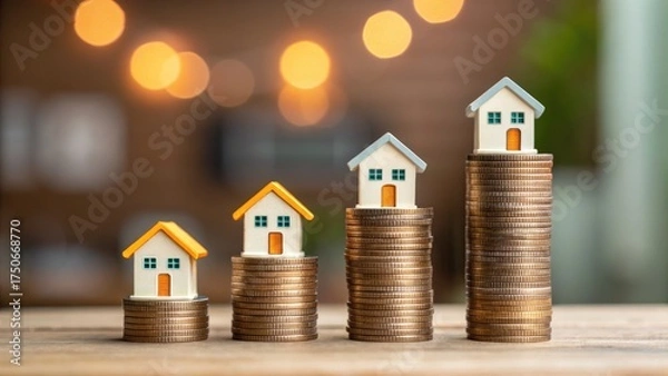 Obraz Rising property values concept with houses on increasing stacks of coins