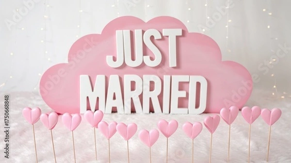 Obraz Romantic Just Married Decoration with Pink Heart Picks and Cloud Backdrop