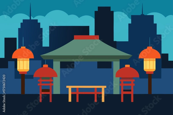 Fototapeta Asian gazebo with lanterns and city skyline behind