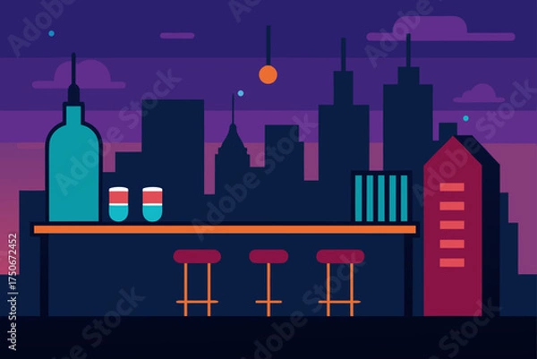Fototapeta City skyline with bar stools and bottle illustration