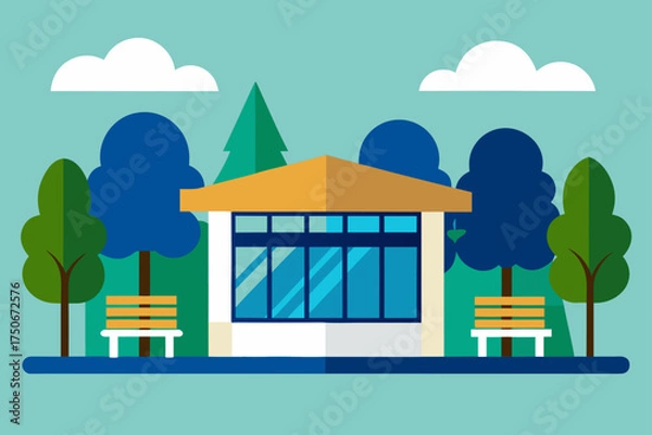 Fototapeta Illustration of a park shelter with trees and benches