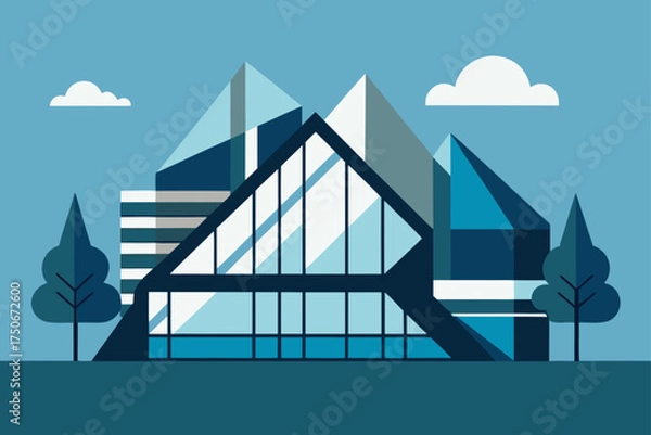 Obraz Modern building with mountains and trees illustration