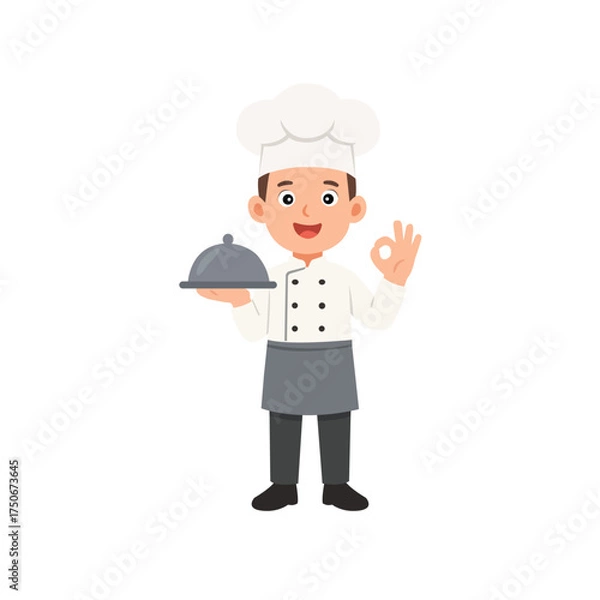Fototapeta Cute young male chef cartoon character holding serving dish and making OK hand gesture in flat design style