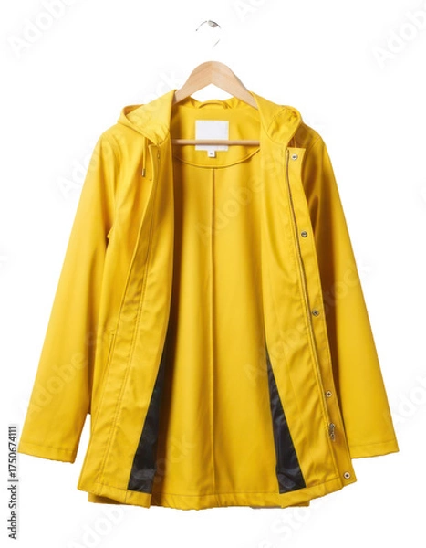 Obraz A yellow raincoat hanging on a hook against a white background.