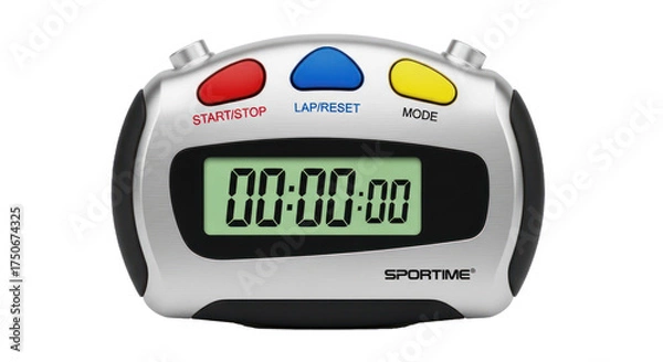 Fototapeta A digital timer with a digital display and buttons for start, stop, lap, and mode.