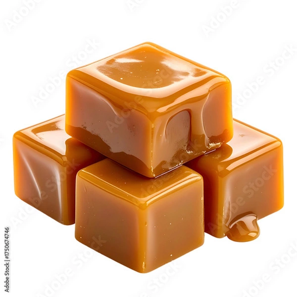 Obraz Four square, glistening, caramel-colored candies stacked, with a glossy, melted-like texture