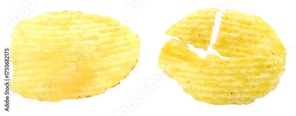 Fototapeta Set of single potato chips, one whole and one broken, top view, isolated on transparent background