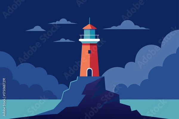 Obraz Illustration of a lighthouse on a cliff at nighttime