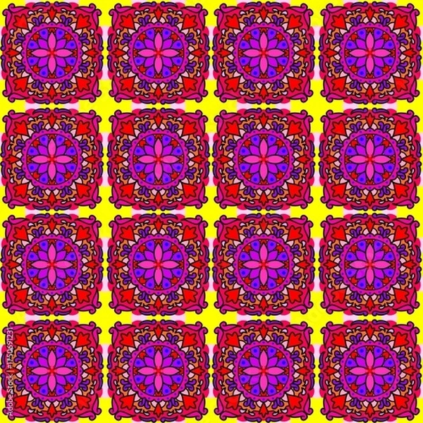 Fototapeta Seamless pattern with colorful flowers, mandala pattern