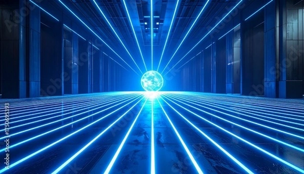 Fototapeta A glowing blue sphere floats in a neon-lit tunnel, radiating symmetry and digital depth.