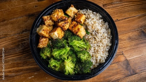 Fototapeta A colorful dish featuring golden-brown tofu cubes steamed broccoli and fluffy brown rice arranged neatly in a black bowl resting on a rustic wooden table.