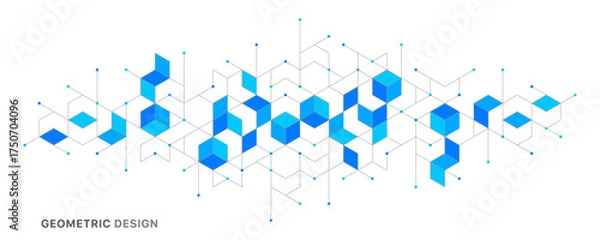 Obraz Abstract geometric 3D cube structure with connected lines and dots on white background