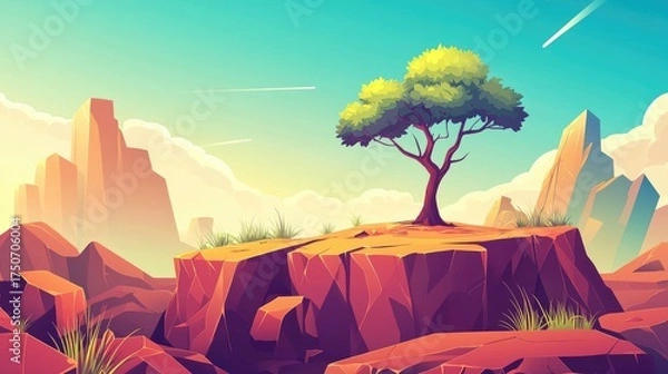 Obraz A solitary tree on a clifftop in a rocky landscape with a blue sky and clouds