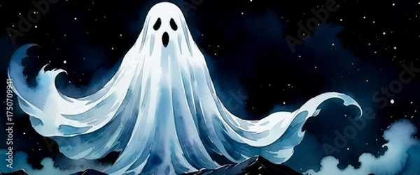 Fototapeta Ghost illustration wearing white sheet at night. Eerie spirit with black eyes and mouth. Halloween ghost floating under starry sky. Creepy phantom in dark cloudy background.