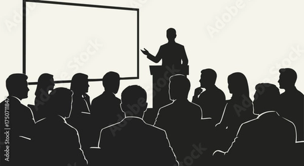 Fototapeta Silhouette of a speaker presenting to an audience in a conference room.