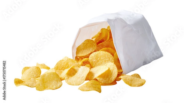 Obraz Golden crispy potato chips spilling from a white bag on clean table surface, scattered crunchy snack food concept isolated on white background
