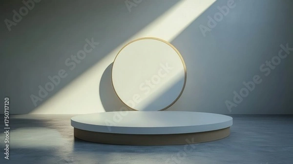 Obraz Elegant round podium with circular backdrop and dramatic sunlight creating a minimalist product display stage.