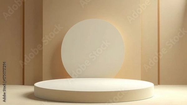 Obraz Minimalist Product Display Podium with Circular Backdrop in Soft Beige Tones.