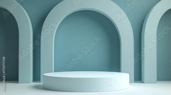 Obraz Minimalist blue podium with arch background for product display and presentation.