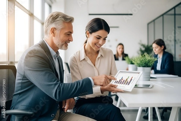 Fototapeta Senior businessman mentoring a young female colleague, analyzing data charts and graphs on a digital tablet in a modern office.