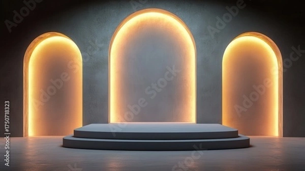 Obraz Modern Minimalist Stage with Glowing Arches and Podium.