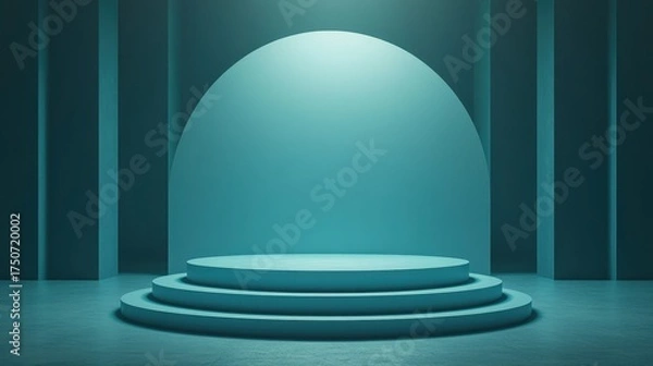 Obraz Minimalist blue podium stage with spotlight for product display.