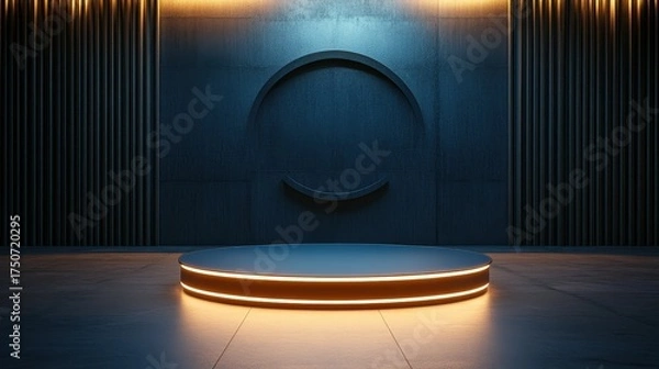 Obraz Futuristic illuminated circular podium stage for product presentation or virtual event showcase.