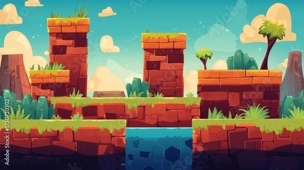 Obraz Cartoon Brick Platform Landscape with Water and Sky