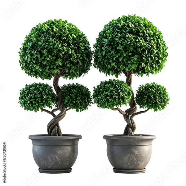 Fototapeta Two topiary trees, shaped with round foliage, sit in gray pots against a black backdrop