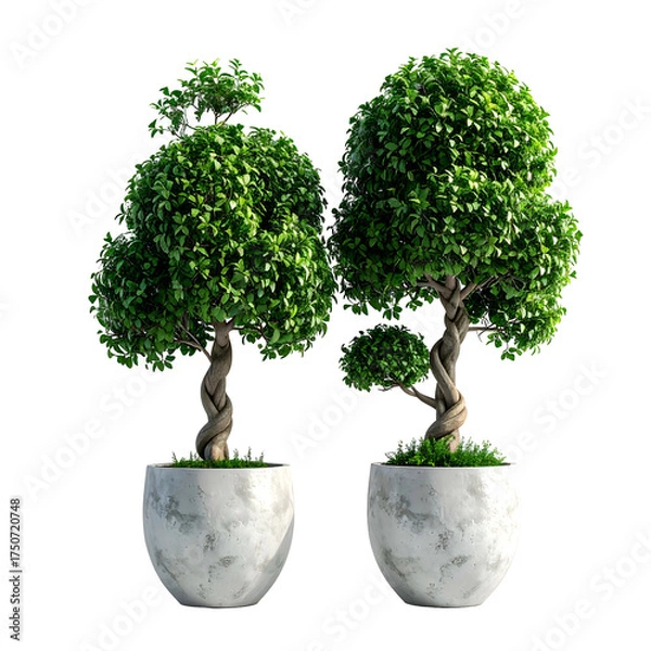 Fototapeta Two perfectly sculpted miniature trees in white concrete pots, set against a stark black background