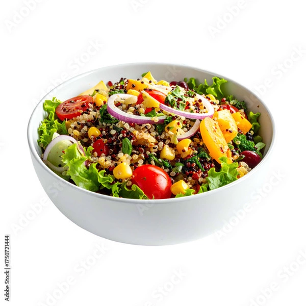 Fototapeta Vibrant quinoa salad in a white bowl, with fresh vegetables, isolated on black