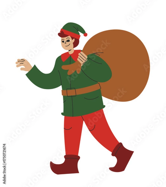 Fototapeta Christmas elf carrying bag of gifts. Fairytale character in linear flat style.