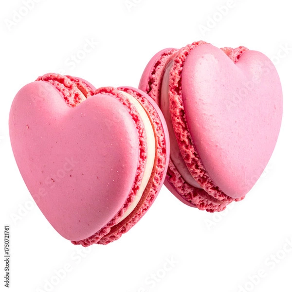Fototapeta Two heart-shaped, pink macarons with white cream filling, isolated on a transparent background