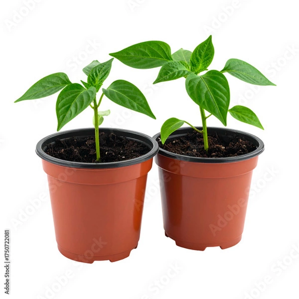 Fototapeta Two potted seedlings with bright green leaves stand out against a dark background