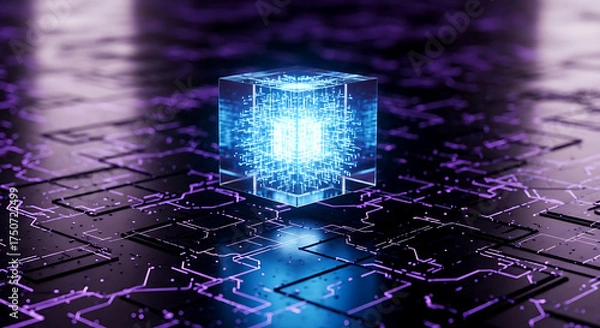 Fototapeta Abstract glowing cube on a dark surface with circuit board pattern and reflections