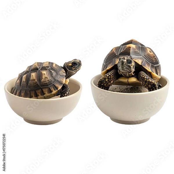 Fototapeta Two small tortoises sit in beige bowls, isolated on black background, looking toward the viewer