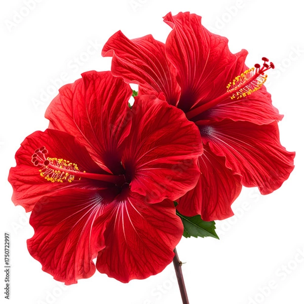 Fototapeta Vivid red hibiscus flowers bloom, showcasing delicate petals and prominent stamen against darkness
