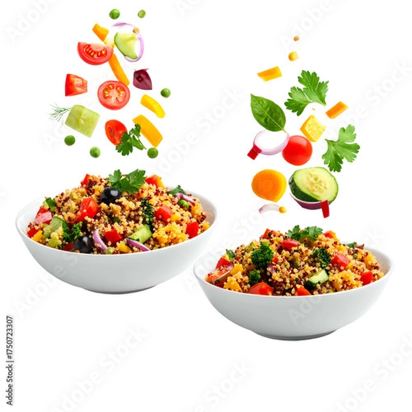 Fototapeta Two bowls of colorful salad with floating vegetables, set against a black background