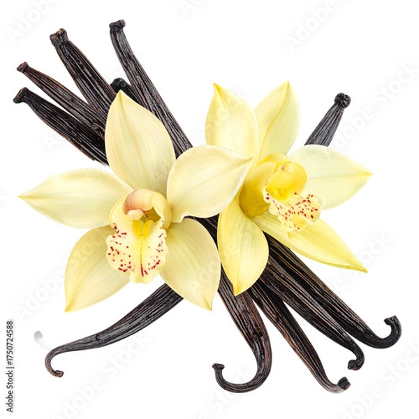 Fototapeta Vibrant overhead shot of vanilla orchids and pods, arranged artfully