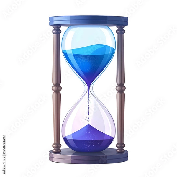Fototapeta Cartoon hourglass with blue liquid slowly flowing from top to bottom within a wooden frame