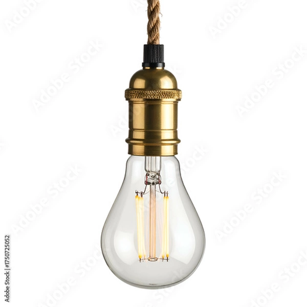 Fototapeta A vintage-style lightbulb hangs from a rope, brass fixture, clear glass revealing filaments
