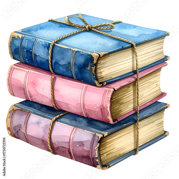 Fototapeta Stack of three watercolor books tied with rope, displaying aged covers and golden-edged pages