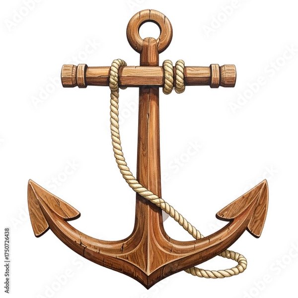 Fototapeta Intricate wooden anchor, rope wrapped around, against black background. Detailed illustration