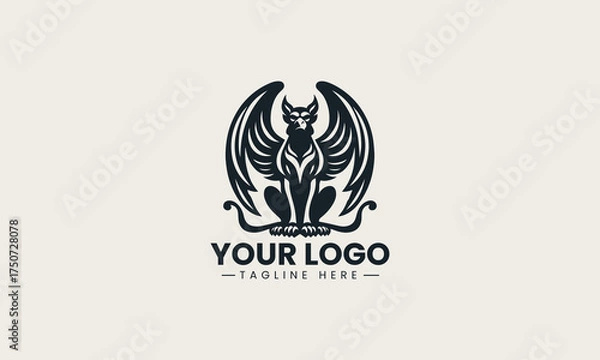 Fototapeta Majestic black vector logo illustration of a powerful seated mythical winged griffin creating an ancient protection symbol