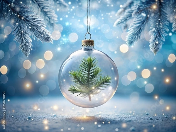 Fototapeta A clear glass christmas ornament with a small green pine tree inside, hanging in a snowy winter scene with bokeh lights