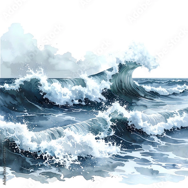 Fototapeta Watercolor painting depicting crashing ocean waves, with foamy crests and misty skies
