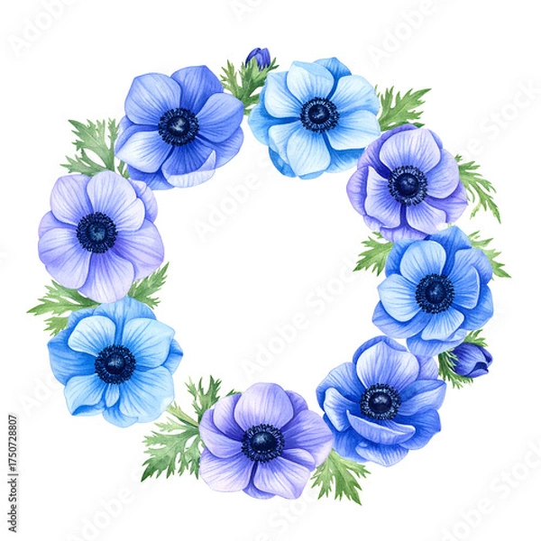 Fototapeta A circular arrangement of watercolor-style anemone flowers with leaves on a transparent background