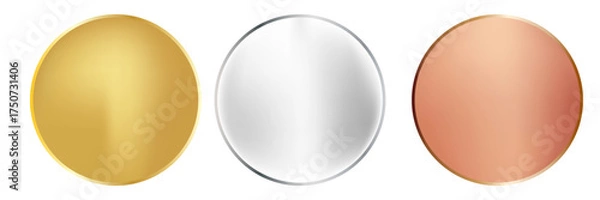Fototapeta Award golden, silver and bronze blank medals 3d vector realistic illustration. First, second and third place medals or buttons isolated on white background. Vector Illustration