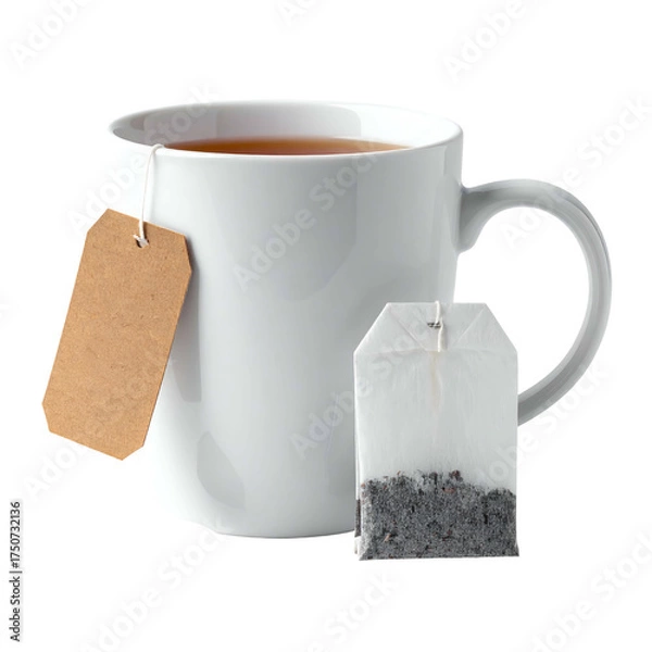 Fototapeta White mug with brewed tea, tea bag next to it, and a blank label hanging