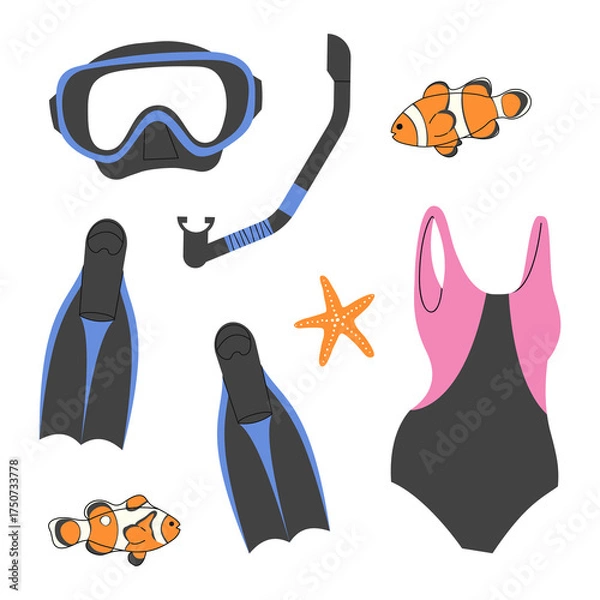 Obraz Diving equipment elements set, PNG illustration.